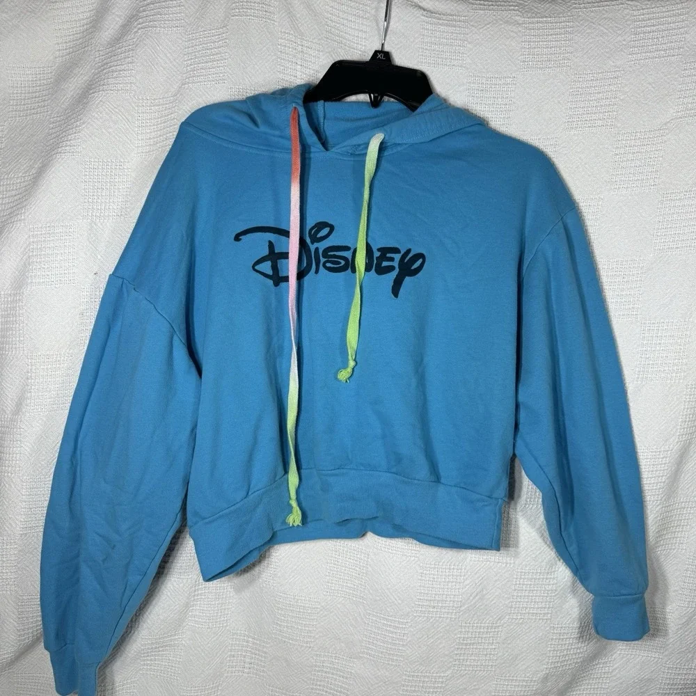 Disney Girls‎ Sweatshirt L Turquoise Logo Hoodie Cropped Pullover Long Sleeve